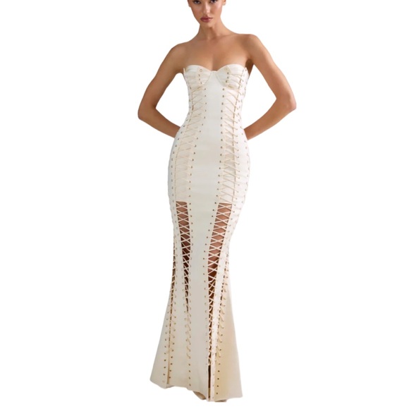 Oh Polly Callidora Lace Up Dress Gown Ivory Size US 4 NWT - Picture 2 of 15